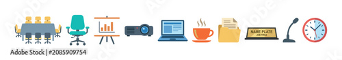 Various office meeting business equipment icons arranged horizontally, representing corporate communication and productivity tools.