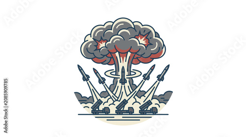 Military missiles launching with a massive explosion in the background scene