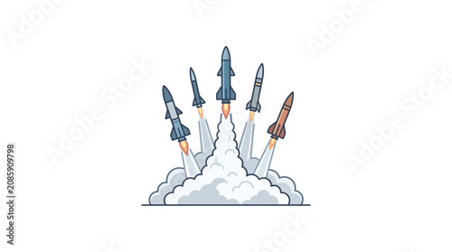 Rockets blast off into space with smoke and flames erupting
