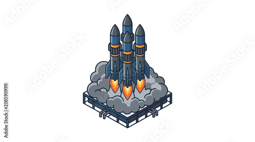 Rockets launch from a platform into space with flames and smoke