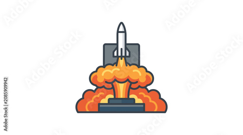 Rocket launch on pad with flames and smoke rising high