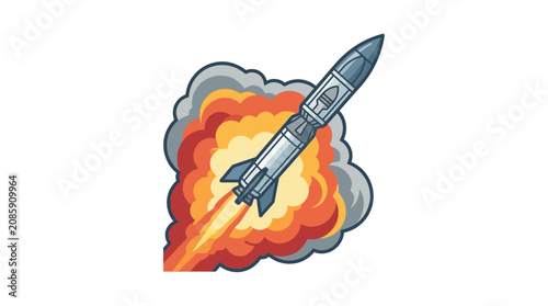 A rocket ship blasts off into the sky with flames and smoke