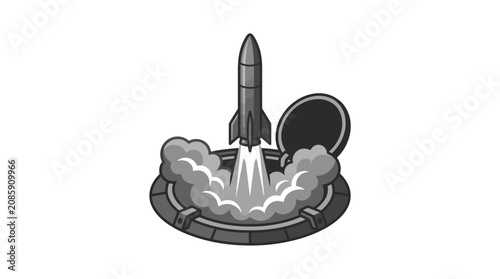 Rocket launching from a spaceport with smoke and flames rising