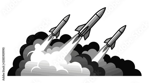 Three rockets blast off into space with smoke and flames emerging