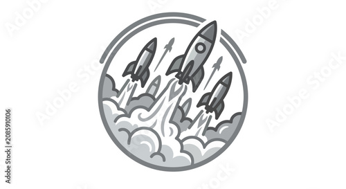 Rockets launch into space with clouds and flames around them