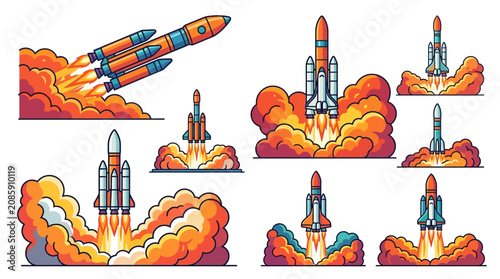 Rockets launch into space with flames and smoke from the ground