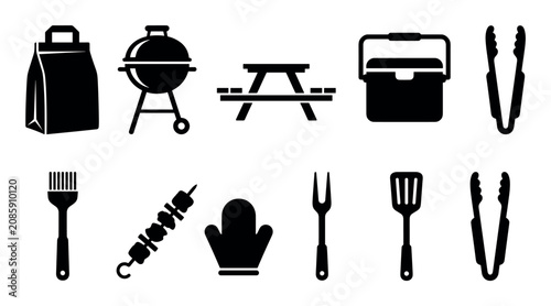 Essential barbecue grilling picnic equipment and cooking tools set featuring a grill, cooler, and various utensils for outdoor summer gatherings.