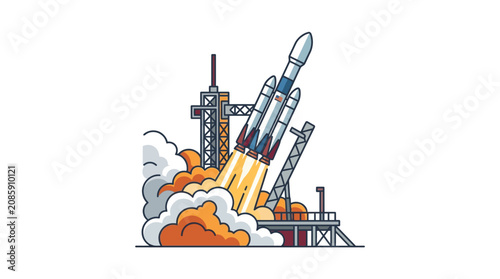 Rocket launch at a space center with a large flame