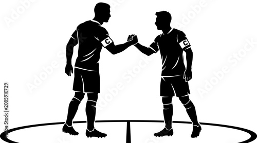 Schilderij op canvas Soccer players shaking hands, teamwork and sportsmanship concept, isolated on wh