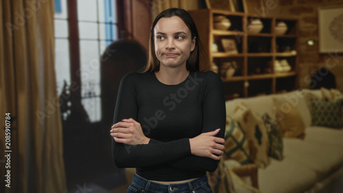 Fotografía Woman with arms crossed, pursed lips, standing in a living room inside a building; annoyance rejection