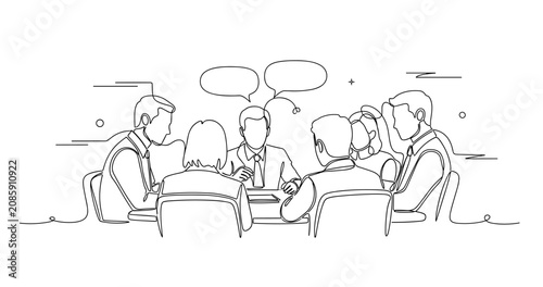 Business meeting illustration with diverse team engaged in discussion at conference table. None editable stroke
