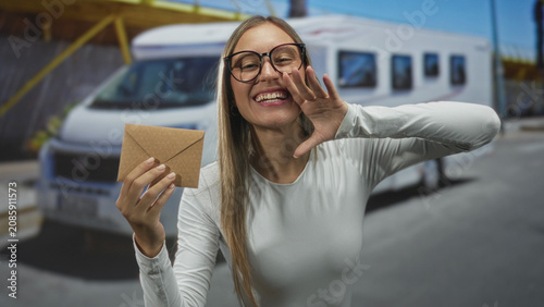 Woman holds envelope and cups hand to mouth shouting on street by camper van with rv behind; excitement travel.