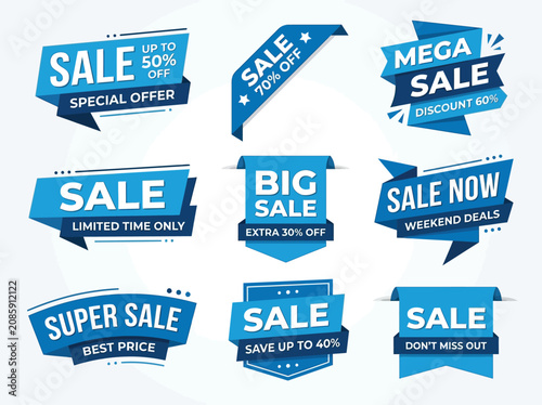 Blue sale banners collection featuring modern promotional stickers and discount tags for retail marketing design projects
