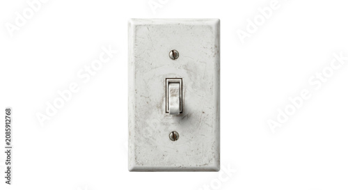 Fotografie Old, dirty white toggle light switch in the off position, isolated on white