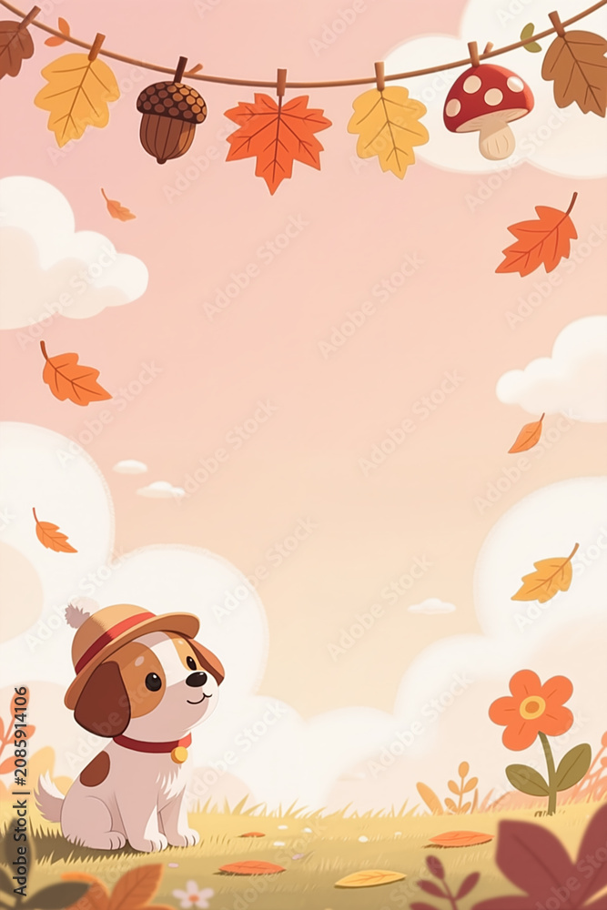 Fototapeta premium A cartoon dog wearing a hat sits on grass, surrounded by autumn leaves and flowers, with a whimsical background of clouds and a pink sky.