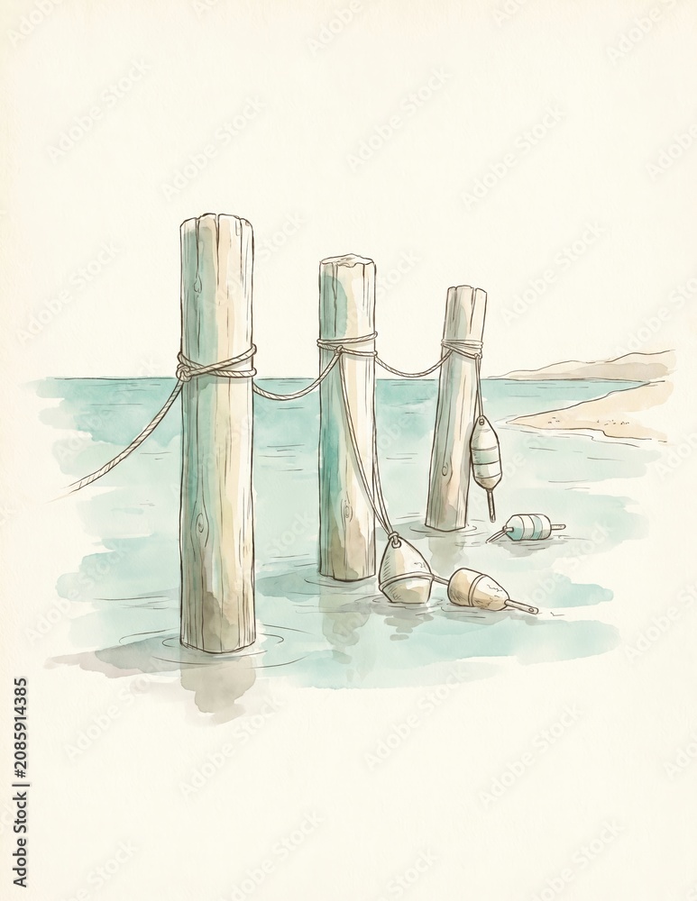 Fototapeta premium Wooden posts and buoys marking a serene seaside location