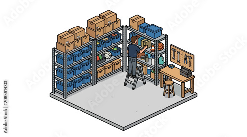 Isometric illustration of a man organizing a storage unit with shelves and boxes