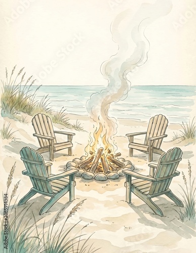 Beach bonfire with adirondack chairs on sand near ocean creating relaxing atmosphere