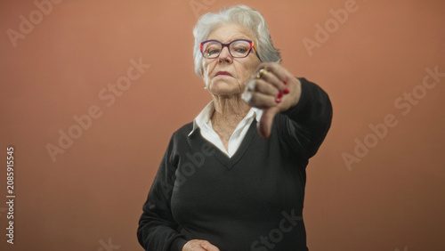 Cuadro en lienzo Elderly woman with white hair and colorful eyeglasses extends thumb down gesture toward camera in studio; disapproval judgment