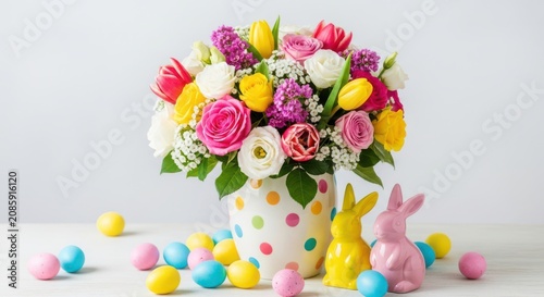 A vibrant floral centerpiece in a polka dot vase surrounded by colorful easter eggs and bunnies