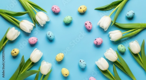 A festive easter flat lay featuring white tulips and colorful small chick figurines on blue