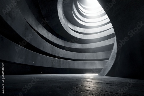 Abstract architectural space with curved structures and dramatic lighting in a minimalist environment