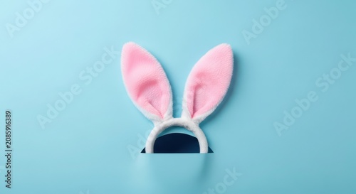 A pair of fluffy pink bunny ears on a headband poking through a hole in a light blue background