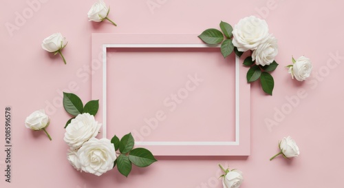 A beautiful pink empty picture frame surrounded by white roses on a soft pastel pink background