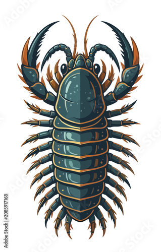Detailed illustration of a dark marine crustacean featuring sharp claws and segmented armor plating design