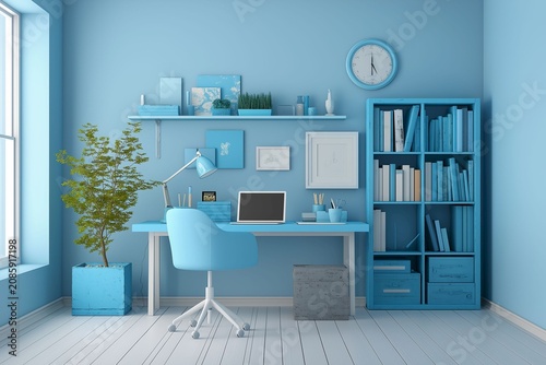 A bright and airy blue home office setup featuring modern desk shelves and cozy plants for a productive work environment
