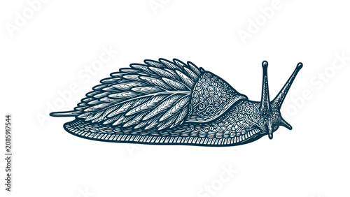Detailed line art illustration of a stylized snail with intricate feathers on its hard shell
