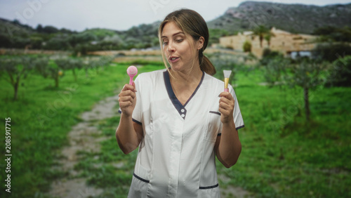 Quadro su tela Woman holding a facial cleansing brush and silicone mask applicator while wearing white beautician tunic in front of building on a rural path; serenity care wellness