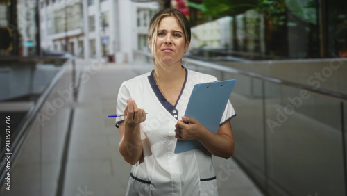 Konstfotografi Woman nurse in white uniform holding a blue clipboard and pen, right hand gesturing question and frowning near glass building entrance; work frustration