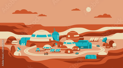 Fotografi Mars colony base on a red desert landscape.
