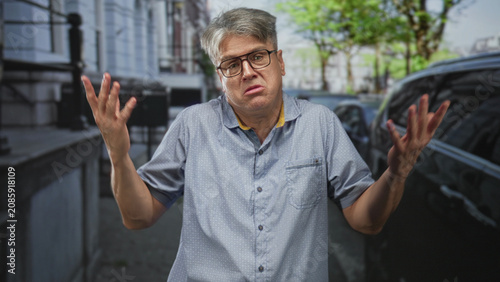 Photos Man wearing glasses with hands raised and frowning on street near parked car; frustration resignation solitude
