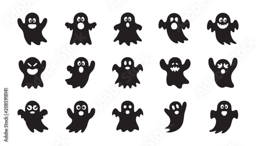 Collection of fifteen black ghost silhouettes with various facial expressions isolated on a white background for halloween graphic design projects