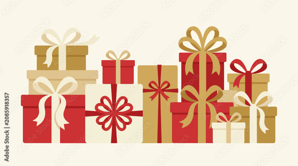 Fototapeta premium Stacked red and gold gift boxes with ribbons.