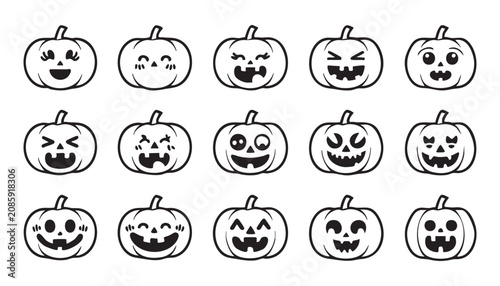 Set of cute pumpkin icons with various funny facial expressions in a simple black and white line art vector illustration style for autumn design