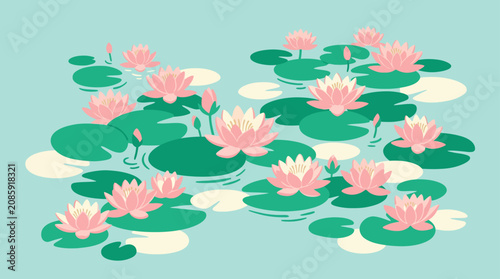 Pink water lilies floating on turquoise pond water illustration