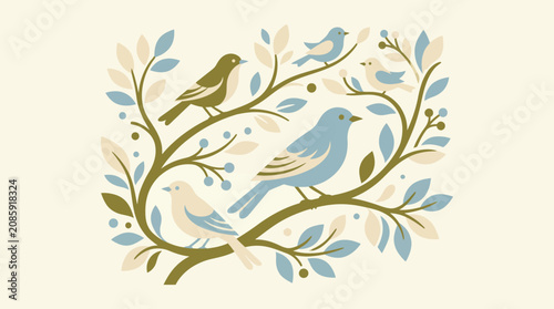 Schilderij op canvas Blue songbirds perched on leafy tree branches.