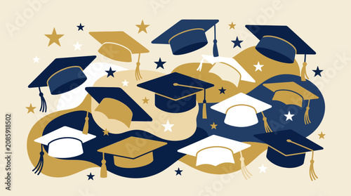 Floating graduation caps with gold stars pattern.