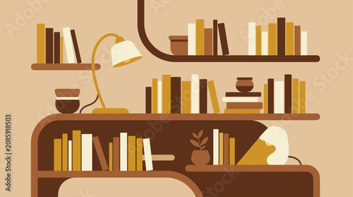 Minimalist bookshelf with cozy lamp and reading books.