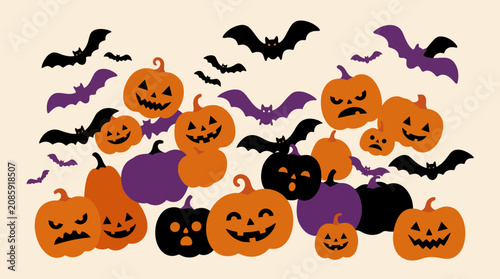 Halloween pumpkins and flying bats on dark background.