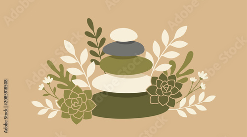 Stacked zen stones surrounded by succulents and flowers.