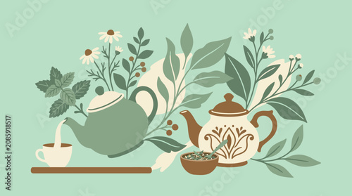 Teapot pouring tea with herbal leaves and botanical flowers.
