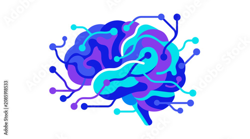 Stylized artificial intelligence digital brain network illustration.