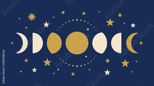 Celestial gold moon phases on dark blue background.