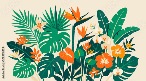 Tropical Jungle Leaves and Flowers Composition