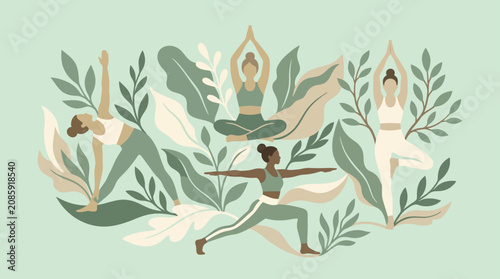 Diverse women practicing yoga in tropical leaf setting.