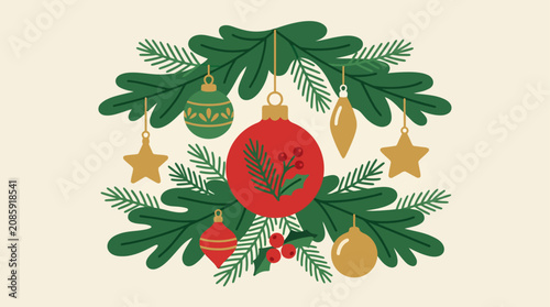 Christmas ornament with pine branches and golden stars.